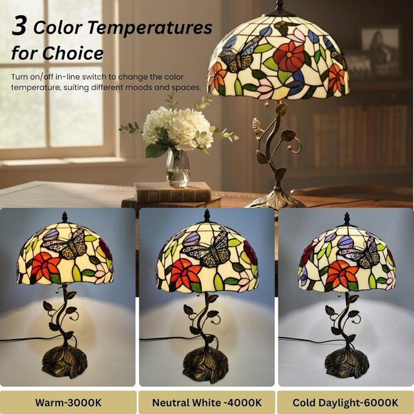 NEW! Table Lamp, 12" Butterfly Flower Handmade Stained Glass Lamp Shade - Picture 3 of 5